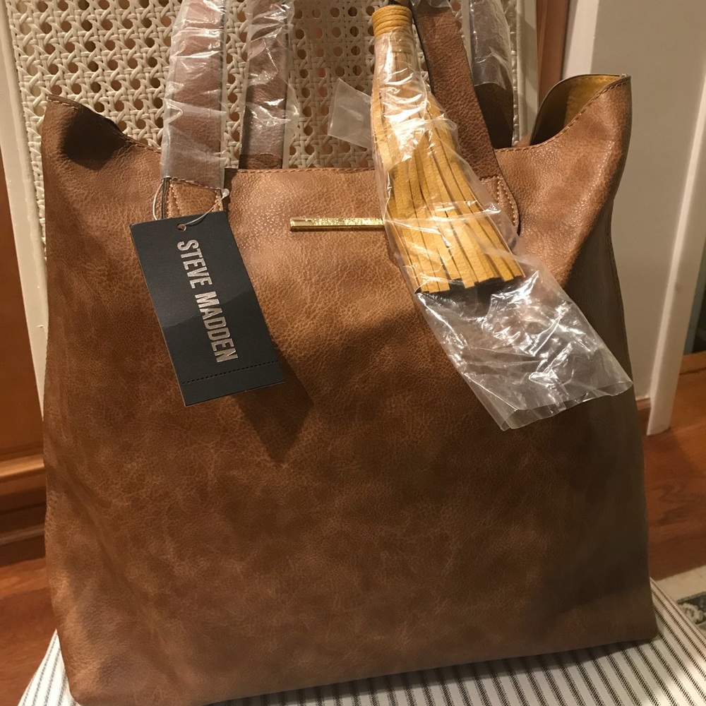 Steve Madden cognac tote with mustard yellow pouch